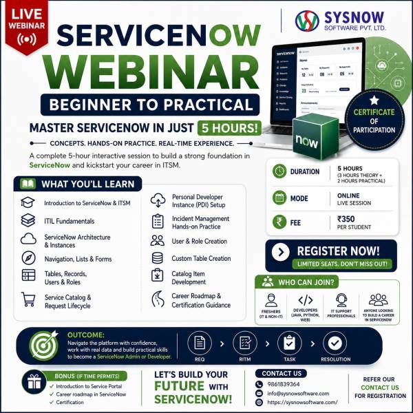 thumbnail Online Webinar on ServiceNow for Students and Professionals